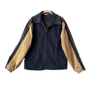 Vtg JCPenney Boys XL 18/20 Corduroy Jacket Navy Blue Tan Colorblock Varsity Zip